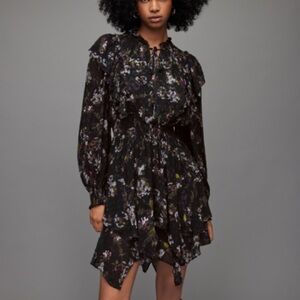 AllSaints Elise Viola Dress Black Floral Mini UK 8 US 4 Romantic Goth Ruffle